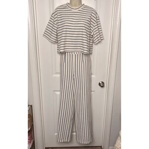 G&D Womens Striped Cropped Top and Wide Leg Lounge Set Blue White Large Nautical